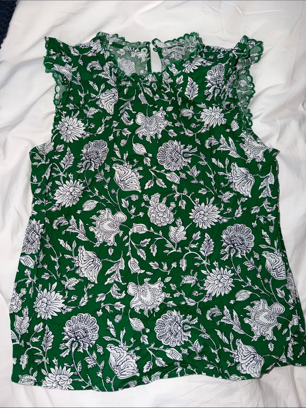 J. Crew Green and White Floral Ruffle-Neck Camisole